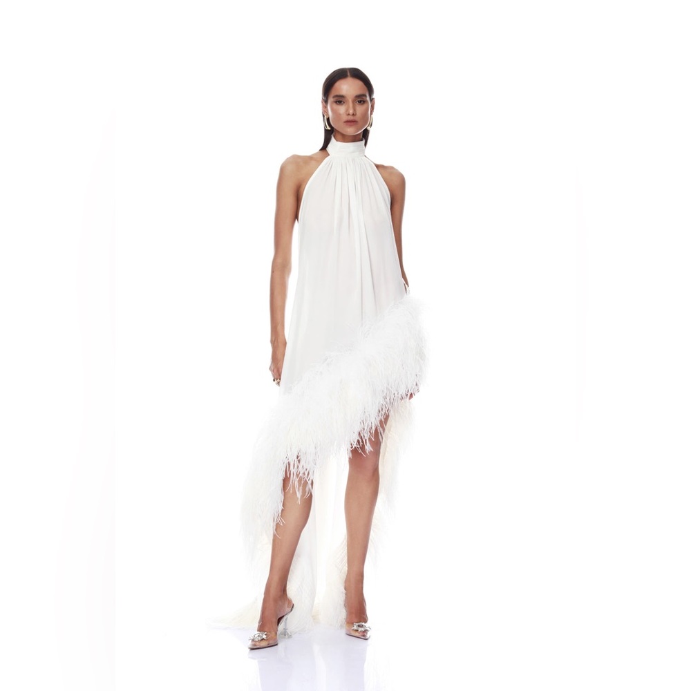 Bronx & Banco White Madeline Halter Neck Ostrich Feather Backless Gown XS NWOT - Picture 6 of 17
